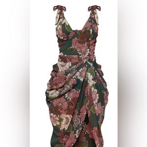 Emerald Green Floral Underwire Detail Draped Midi Dress